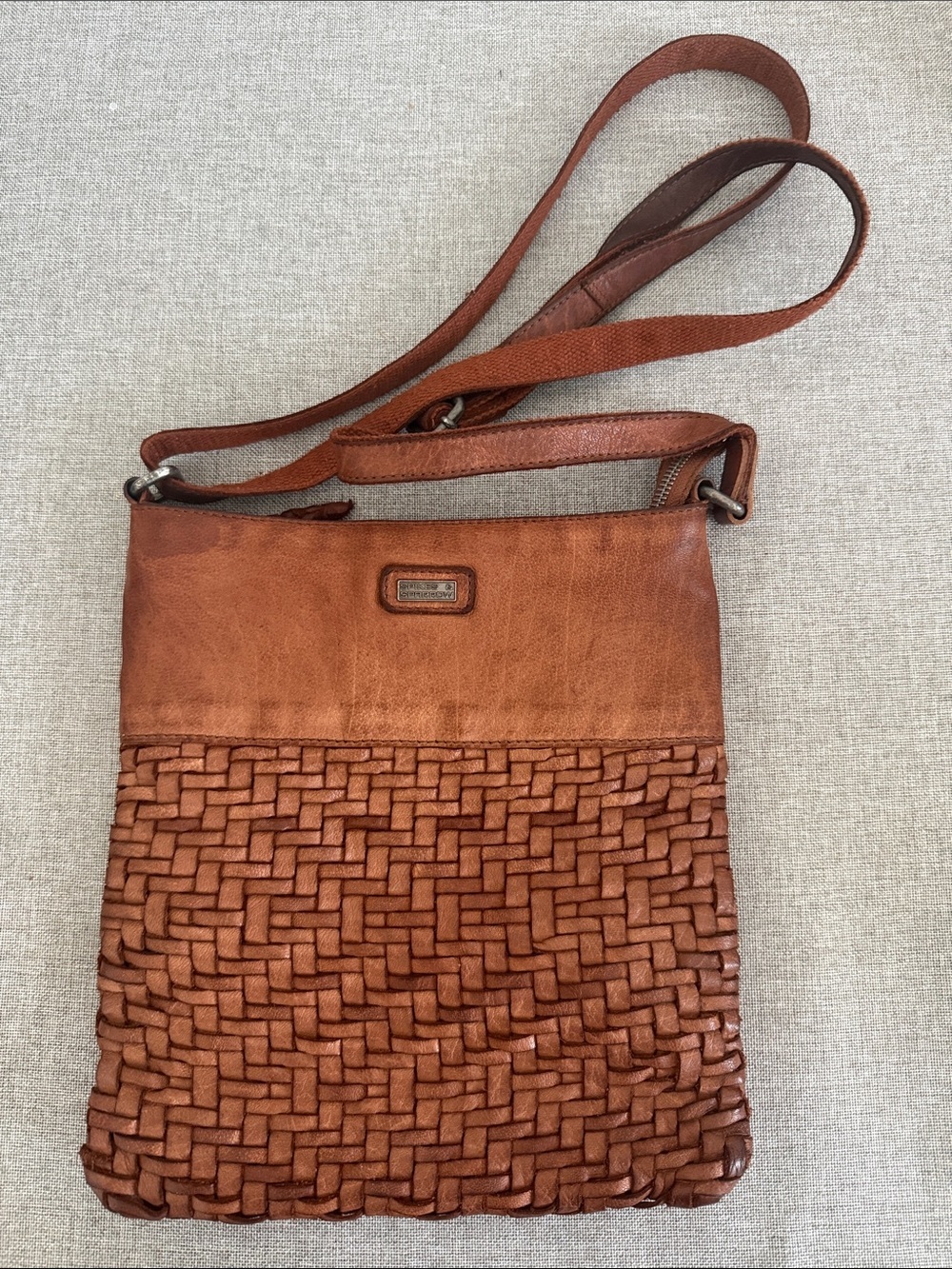 Spikes & Sparrow Woven Leather Crossbody Bag in Cognac